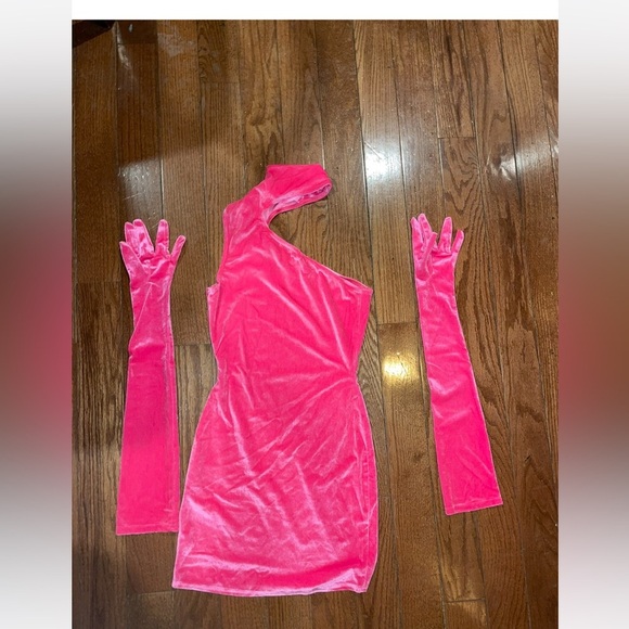 New! Revolve x Miscreants Bodycon Hot Pink Velvet Mini Dress w/ Opera Gloves💖 XS - Picture 7 of 10